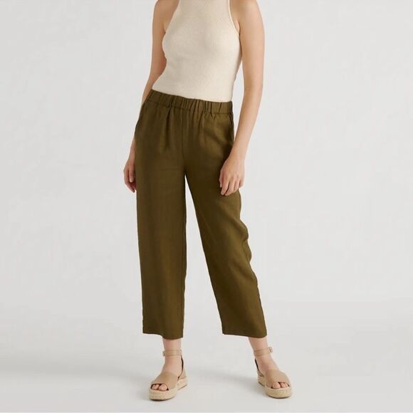 Quince 100% European Linen Cropped Pants NEW Size Medium Olive Green Pull on - Picture 1 of 10